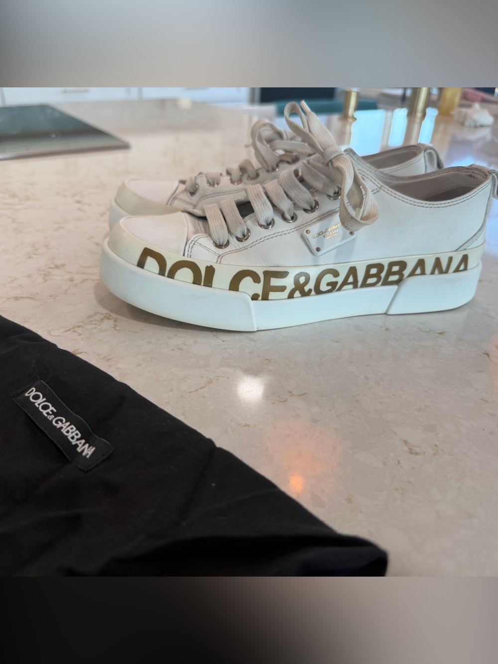 Dolce & Gabbana White Gold Logo Low-Top Sneakers